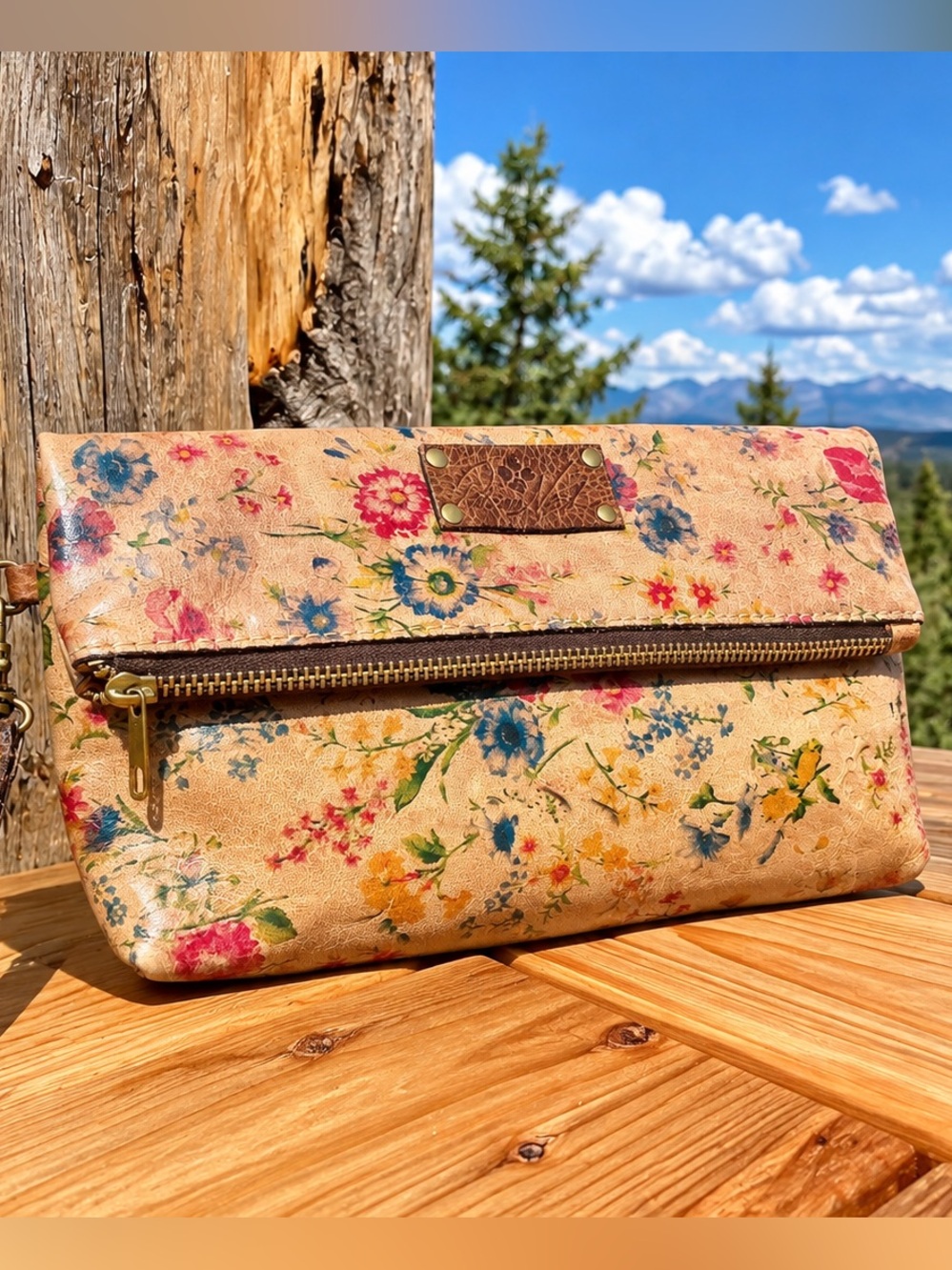 Patricia Nash Floral Fold Over Leather Wristlet Clutch EUC